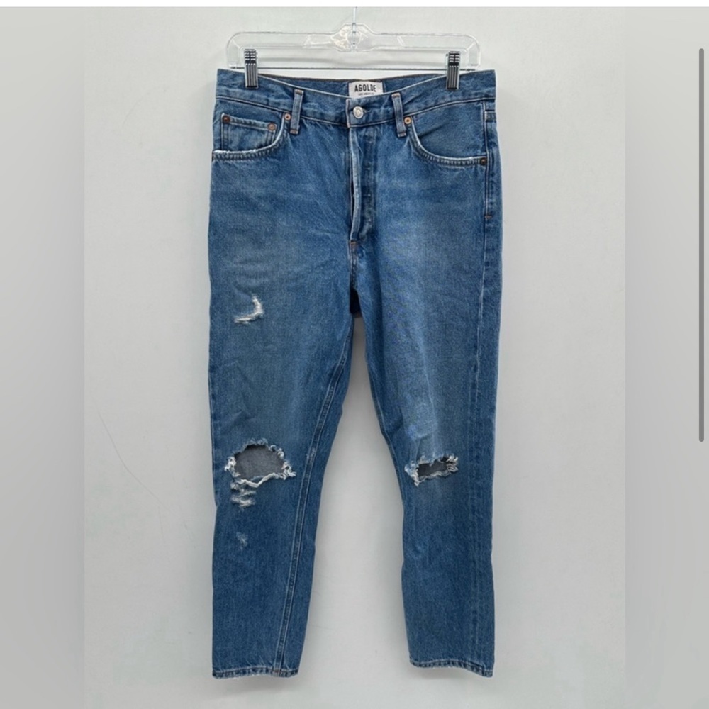 AGOLDE feel good blue buttonfly woman distress high rise straight ankle jean 28